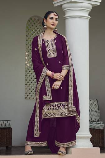 Georgette embroidered wine palazzo salwar kameez