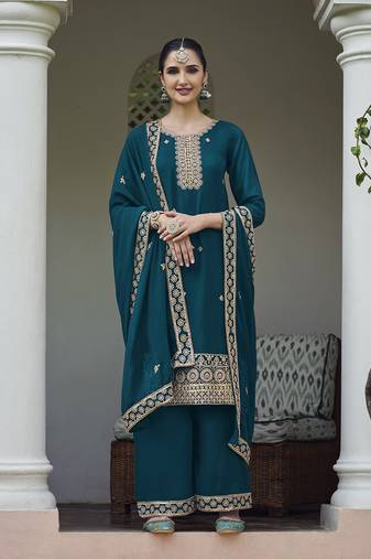 Georgette dark teal embroidered designer salwar kameez