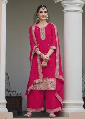 Embroidered georgette rani pink salwar kameez 1