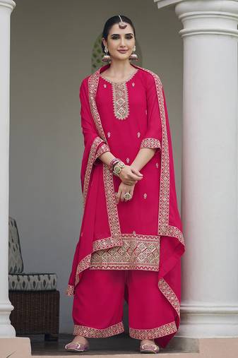 Embroidered georgette rani pink salwar kameez