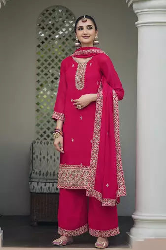 Embroidered georgette rani pink salwar kameez
