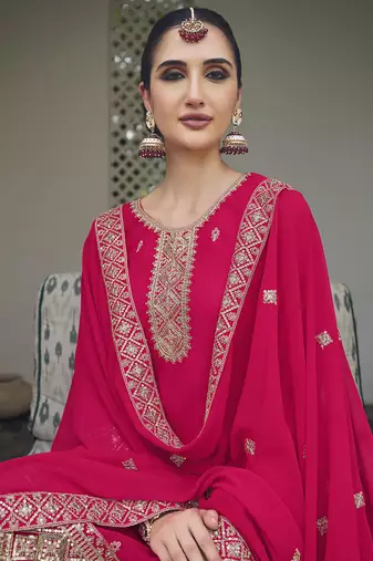 Embroidered georgette rani pink salwar kameez