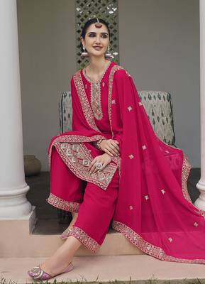 Embroidered georgette rani pink salwar kameez 4