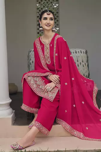 Embroidered georgette rani pink salwar kameez