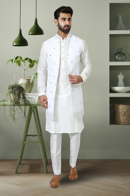 3pcs jaket kurta pant set off white art silk indian embroidery design for men's 1