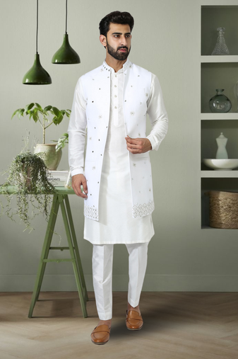 3pcs jaket kurta pant set off white art silk indian embroidery design for men's