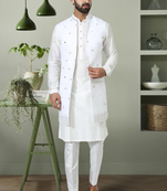 3pcs jaket kurta pant set off white art silk indian embroidery design for men's