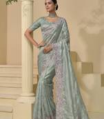 Light sea green tissue soft organza silk sequins designer saree