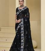Black moti and sequins work tuscany soft organza silk saree