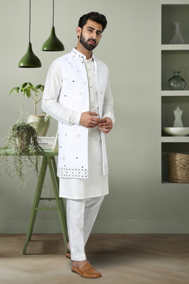 3pcs jaket kurta pant set off white art silk indian embroidery design for men's 2