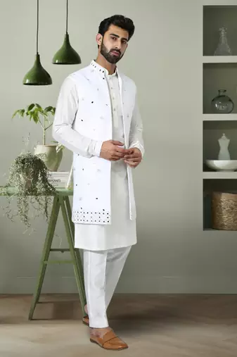 3pcs jaket kurta pant set off white art silk indian embroidery design for men's