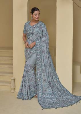 Grey tuscany georgette silk blend mirror embroidered saree 1