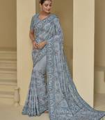 Grey tuscany georgette silk mirror embroidered designer festival saree