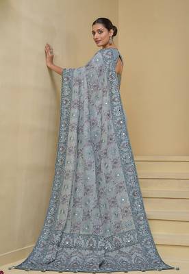 Grey tuscany georgette silk blend mirror embroidered saree 2