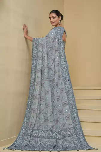 Grey tuscany georgette silk blend mirror embroidered saree