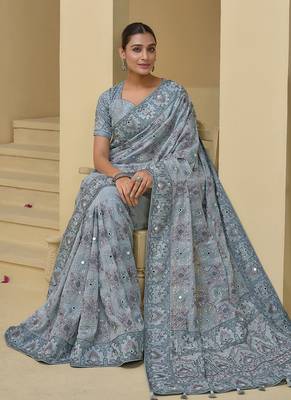 Grey tuscany georgette silk blend mirror embroidered saree 3