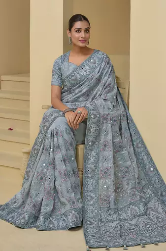 Grey tuscany georgette silk blend mirror embroidered saree