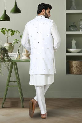 3pcs jaket kurta pant set off white art silk indian embroidery design for men's 3