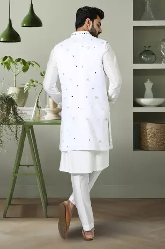 3pcs jaket kurta pant set off white art silk indian embroidery design for men's