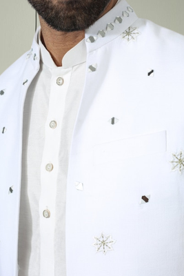 3pcs jaket kurta pant set off white art silk indian embroidery design for men's 4