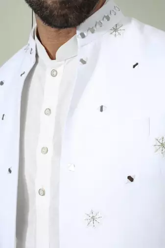3pcs jaket kurta pant set off white art silk indian embroidery design for men's