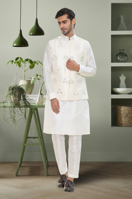 Cream art silk embroidered neharu jacket kurta set 1