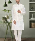 Cream art silk embroidered neharu jacket kurta set
