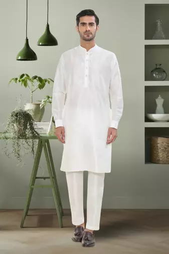 Cream art silk embroidered neharu jacket kurta set