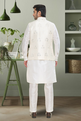 Cream art silk embroidered neharu jacket kurta set 3