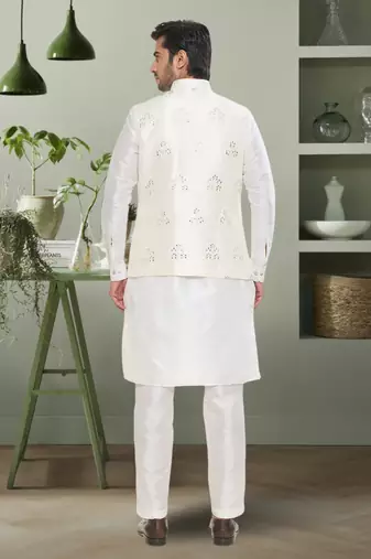 Cream art silk embroidered neharu jacket kurta set