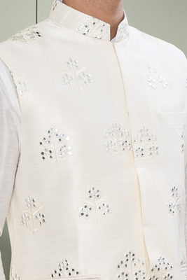Cream art silk embroidered neharu jacket kurta set 4