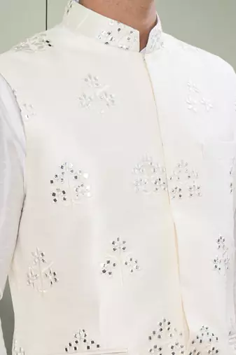 Cream art silk embroidered neharu jacket kurta set