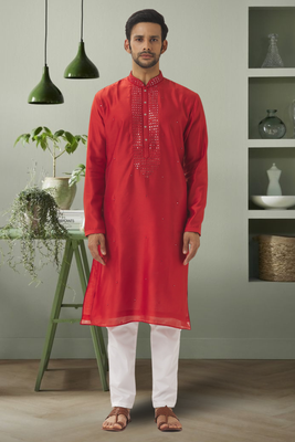 Red art silk mirror embroidery indian ethnic wear for men's 1