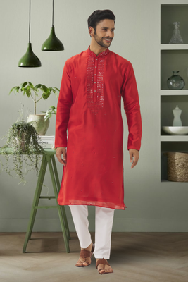 Red art silk mirror embroidery indian ethnic wear for men's 2