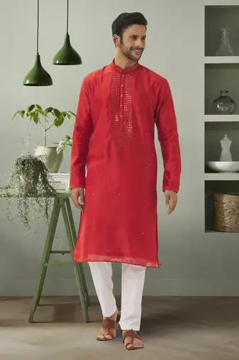Red art silk mirror embroidery indian ethnic wear for men's