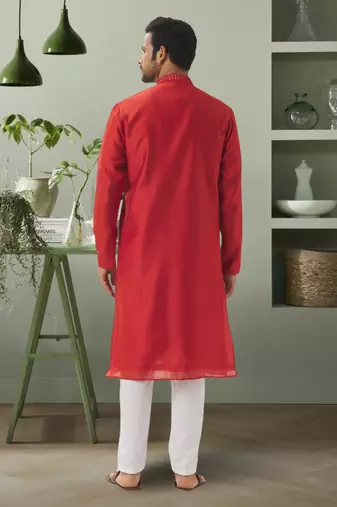 Red art silk mirror embroidery indian ethnic wear for men's