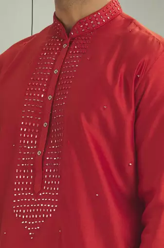 Red art silk mirror embroidery indian ethnic wear for men's