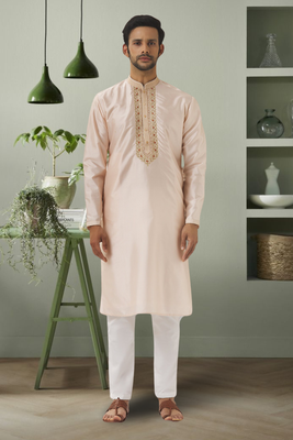 Cream art silk embroidery kurta pyjama for mens 1