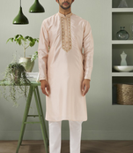 Cream art silk embroidery kurta pyjama for mens