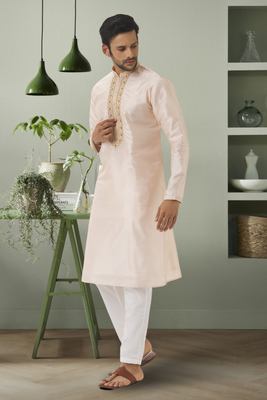 Cream art silk embroidery kurta pyjama for mens 2