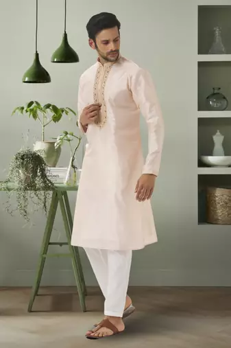 Cream art silk embroidery kurta pyjama for mens