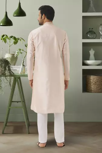 Cream art silk embroidery kurta pyjama for mens