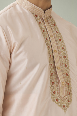 Cream art silk embroidery kurta pyjama for mens 4