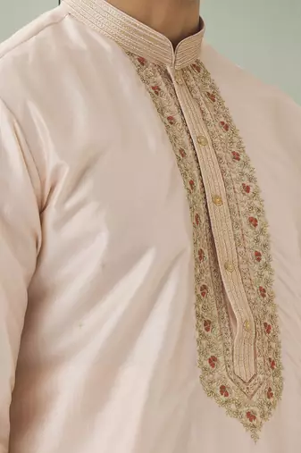 Cream art silk embroidery kurta pyjama for mens