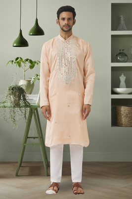 Cream ps mirror embroidery kurta pyjama indian traditional wear 1