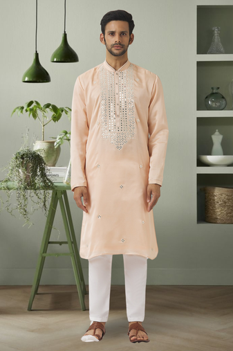 Cream ps mirror embroidery kurta pyjama indian traditional wear