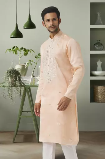 Cream ps mirror embroidery kurta pyjama indian traditional wear