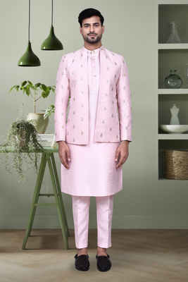 Baby pink embroidery kurta jacket set with pant for men's 1