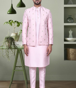 Baby pink embroidery kurta jacket set with pant for men's