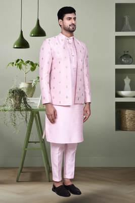 Baby pink embroidery kurta jacket set with pant for men's 2